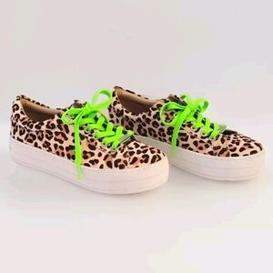 J/Slides Leopard Calf Hair Platform Sneaker Neon Lace Chunky Streetwear US 7